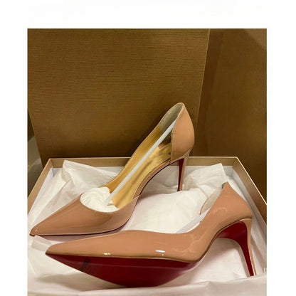 Nude High Heels Women2024Autumn New Red Sole Side Hollow Pointed Toe Sexy Versatile Professional Stiletto Heels