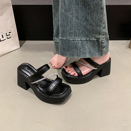 Solid Color Rubber Chunky Heel PU High Heel Slippers