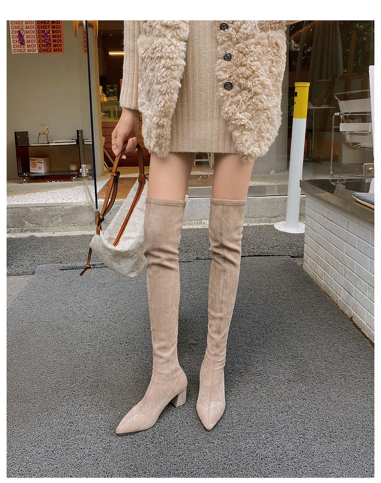 Long Boots for Women, Stretch Long Boots, Pointed Toe High Heel Boots, Over-the-Knee Boots, Suede High Boots, Khaki Color