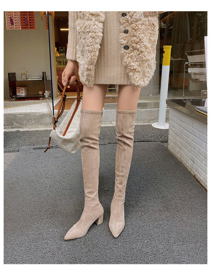 Long Boots for Women, Stretch Long Boots, Pointed Toe High Heel Boots, Over-the-Knee Boots, Suede High Boots, Khaki Color