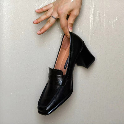 Women's Autumn Chunky High Heels2023New Black British Style Loafers Elegant Square Toe Single Shoes