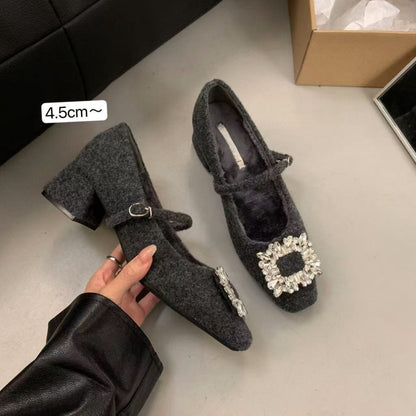 Thick Heel High Heel Black Square Toe Rhinestone Single Shoes Women's Shoes2024New autumn and winter fleece-lined Mary Jane furry shoes