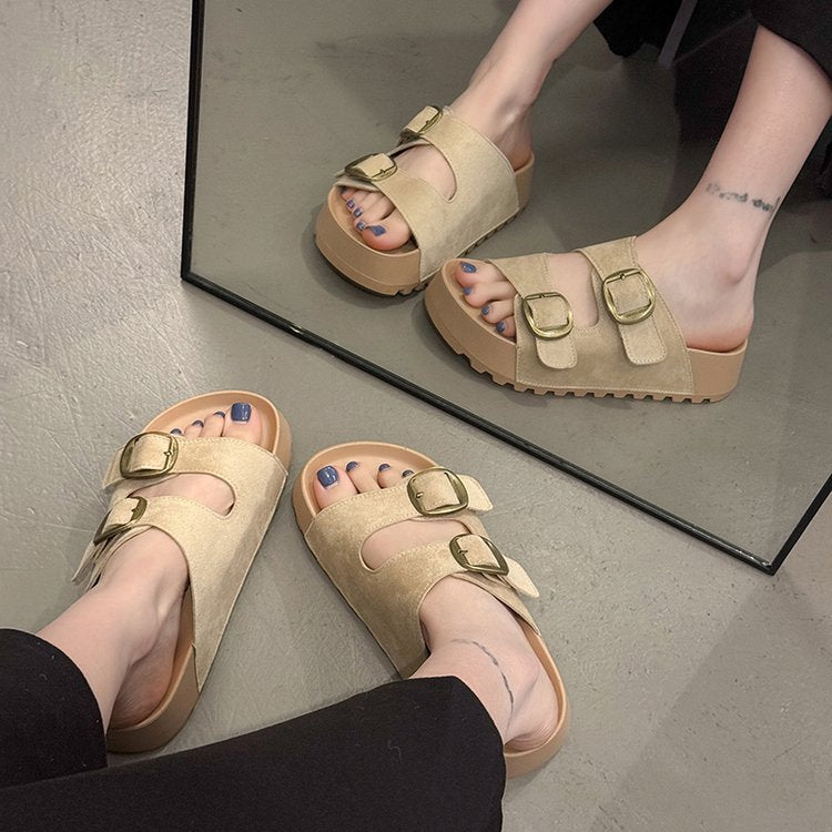 Solid Color Rubber Mid Heel(3-5cm)Platform Sole Suede Slippers