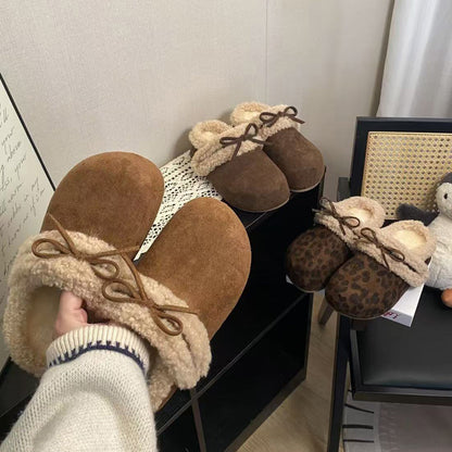 2025New Autumn and Winter Style Elegant Internet Celebrity Bow Cotton Slippers Light Luxury Retro Style Simple Versatile Closed-Toe Slippers