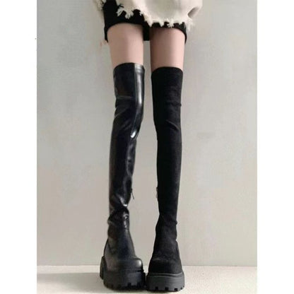 Over-the-Knee Long Boots for Women, French Style High Boots, Leg-Wrapping Elastic Slim Boots, Thick-Soled Leather Boots, Riding Boots
