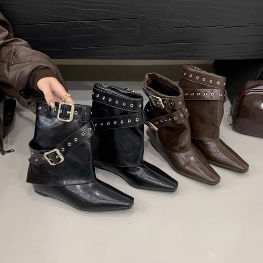 American Style Spicy Girl Belt Buckle Booties Short Boots Women's Boots2025Early Autumn New Niche Design Short Boots Western Boots