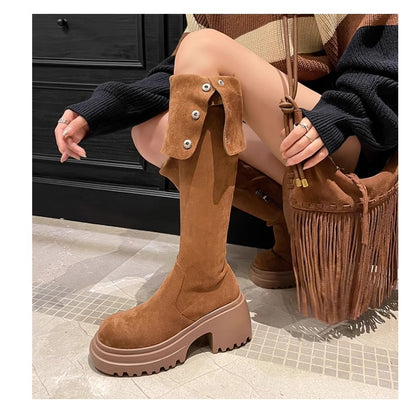 2025New Retro Small Western Boots for Women, Autumn and Winter Fleece-Lined Over-the-Knee Long Boots, Brown Long Boots, Riding Boots