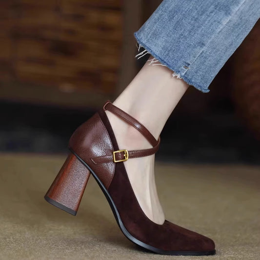 Women's retro square toe high heels2023Autumn and Winter New Suede Leather Patchwork Chunky Heel Cross Buckle Mary Jane Shoes