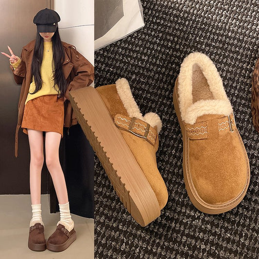 Artificial Short Plush Round Toe Platform Sole Slip-On Mules Mid Heel(3-5cm)Low-top shoes with rubber suede