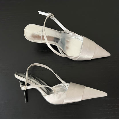Cool and sophisticated！Pointed Toe silver Satin Sandals for Women, Closed Toe, Open Back, Stiletto High Heels2025
