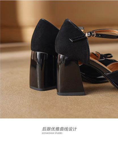 French Retro Elegant Mature Hollow Toe Sandals2024New Year's New Versatile Simple Thick Heel Buckle High Heels