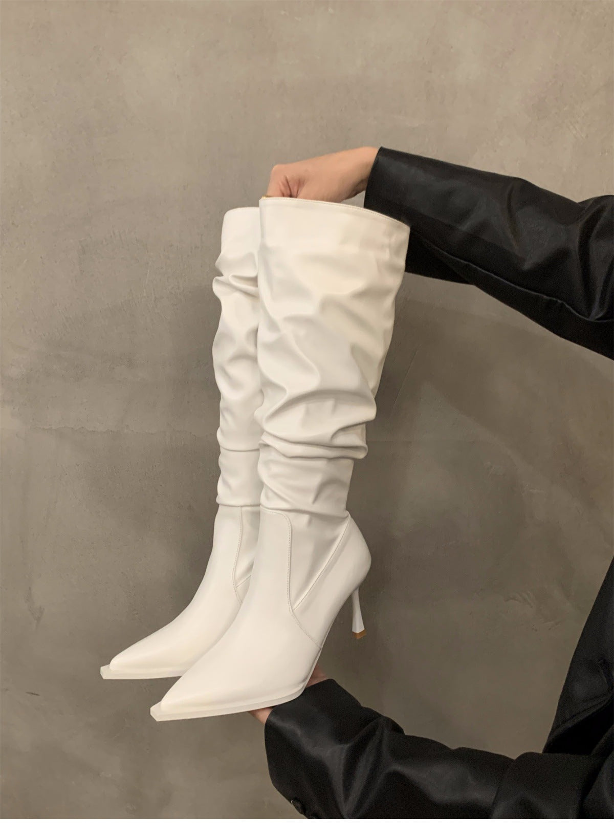 High Heel Pointed Toe Pile Long Boots Women's Shoes2024New Autumn and Winter White Slim Thin Heel Knight Mid-Length Boots