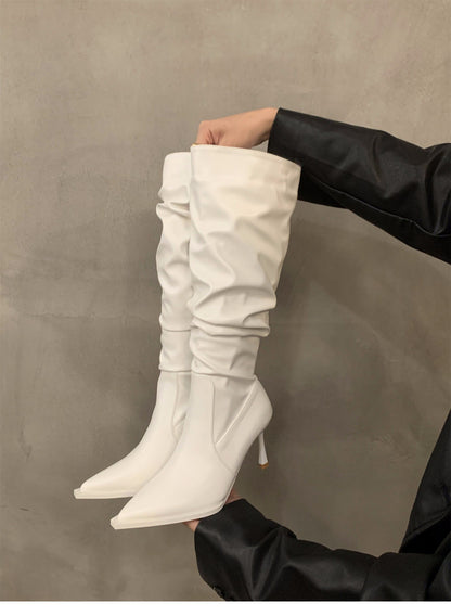 High Heel Pointed Toe Pile Long Boots Women's Shoes2024New Autumn and Winter White Slim Thin Heel Knight Mid-Length Boots