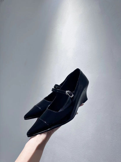 Yi Mengling Same Style2023Shoe Fairy Shoes to Match Dress Rich Lady Shoes Wedge White Single Shoes Pointed Toe Maggie Jane