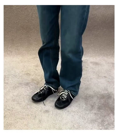 2025Spring and Autumn Retro Black Lace-up Shoes for Women, Height-increasing Casual Sneakers, Trendy Sports Shoes