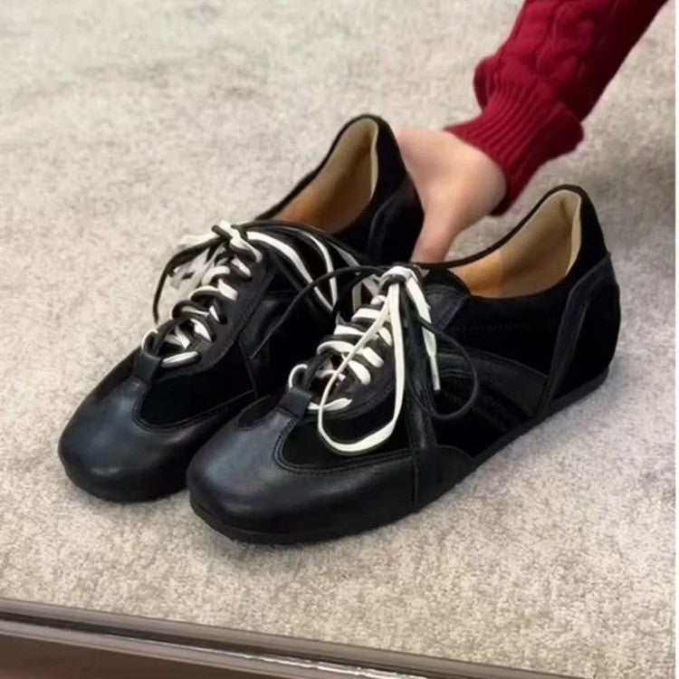 2025Spring and Autumn Retro Black Lace-up Shoes for Women, Height-increasing Casual Sneakers, Trendy Sports Shoes