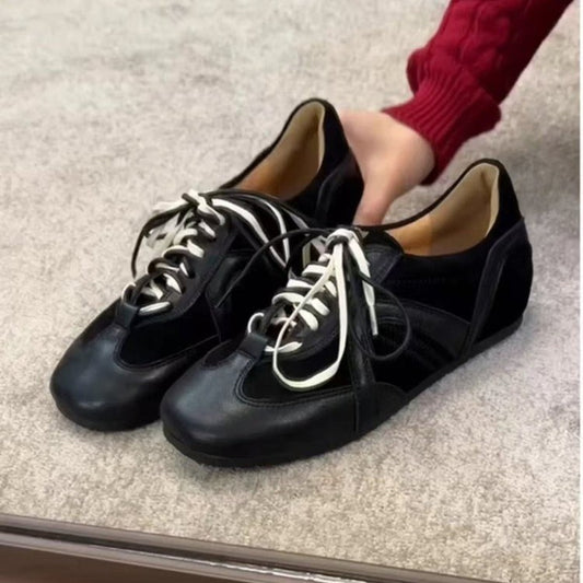 2025Spring and Autumn Retro Black Lace-up Shoes for Women, Height-increasing Casual Sneakers, Trendy Sports Shoes
