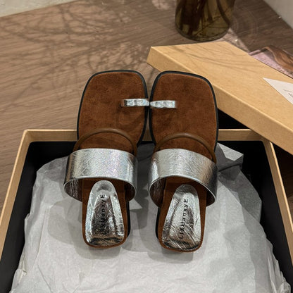Rubber PU Medium Heel Flat Toe Slippers
