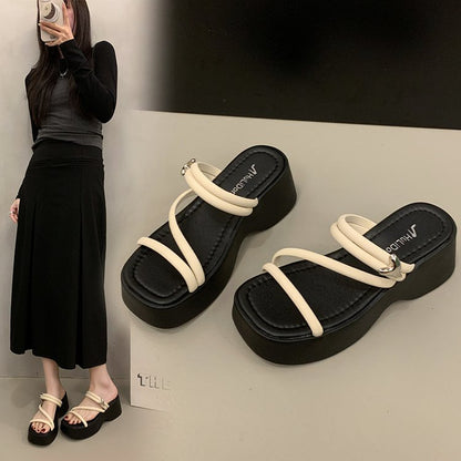 Solid Color Platform Sole Slippers PU Rubber mid-heel(3-5cm)