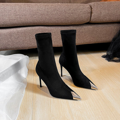 Black pointed toe stiletto high heel ankle boots for women2024New Autumn and Winter Elastic Slim Boots Mid-Calf Sock Boots Single Boots