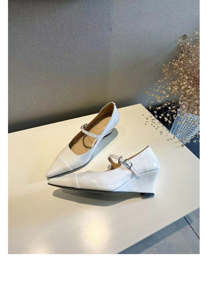 Yi Mengling Same Style2023Shoe Fairy Shoes to Match Dress Rich Lady Shoes Wedge White Single Shoes Pointed Toe Maggie Jane