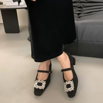 Thick Heel High Heel Black Square Toe Rhinestone Single Shoes Women's Shoes2024New autumn and winter fleece-lined Mary Jane furry shoes