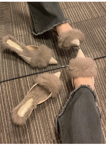 Autumn and Winter2024New Pointed Toe Furry Warm Thin Heel High Heel Mules Women Closed Toe Mules Slippers