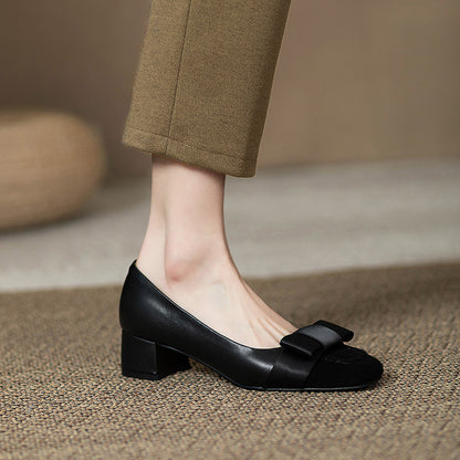 French style color-blocking high heels for women2024Spring and Autumn New Style Chunky Heel Bow Retro Mid-Heel Single Shoes