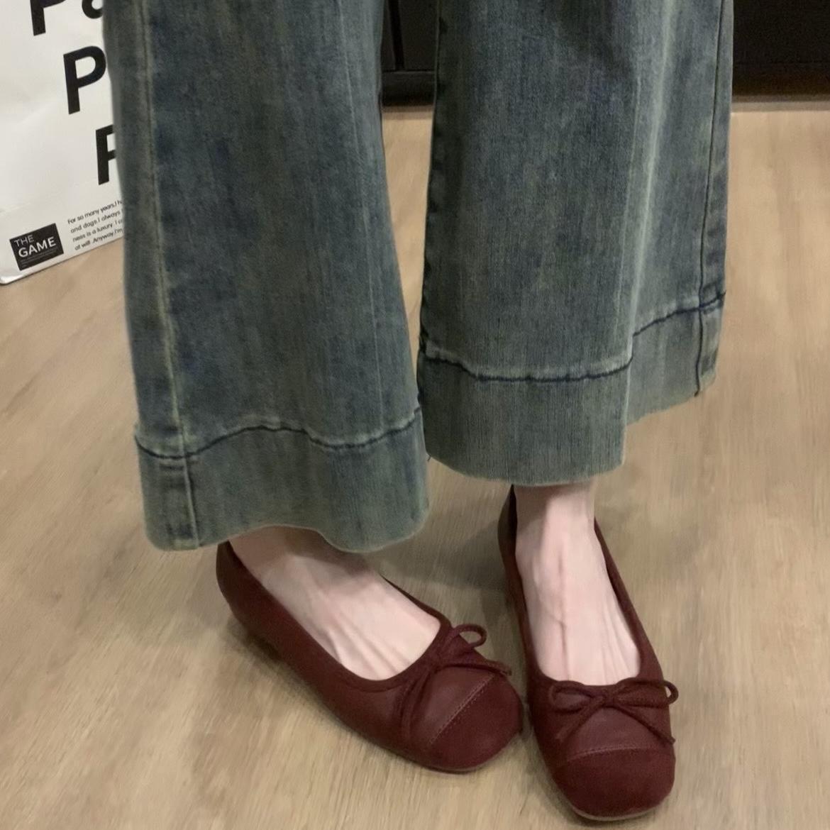 Women's French Style Shoes with Hidden Wedge2025Spring and Autumn New Suede Bowknot Slip-On Light Mouth Apricot Evening Shoes