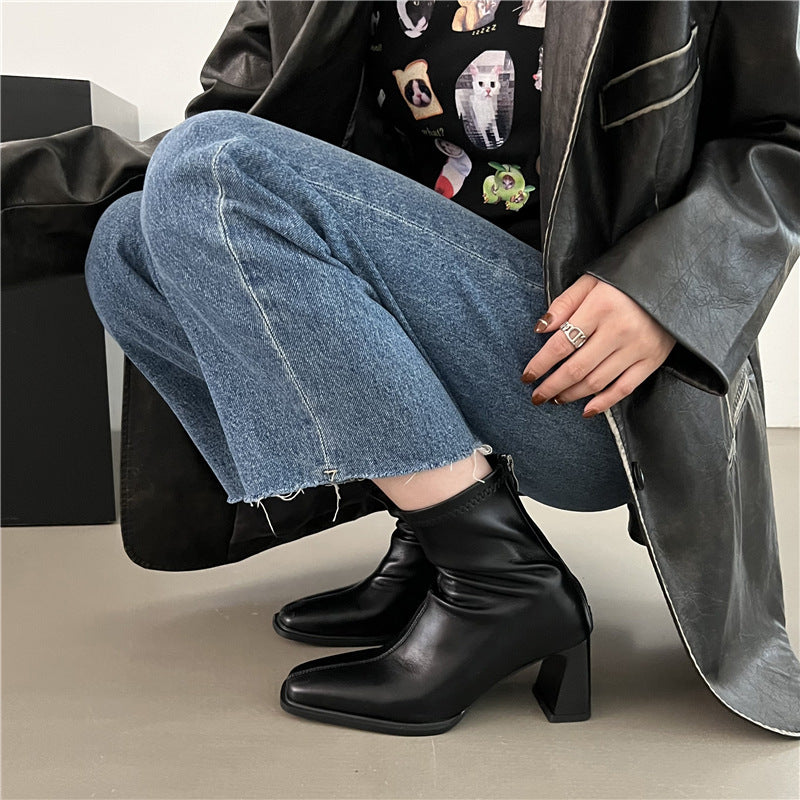 High Heel Slim Boots for Women Little Fairy2024New Year's Thick Heel Chimney Boots Internet Celebrity Fashion Chelsea Short Boots