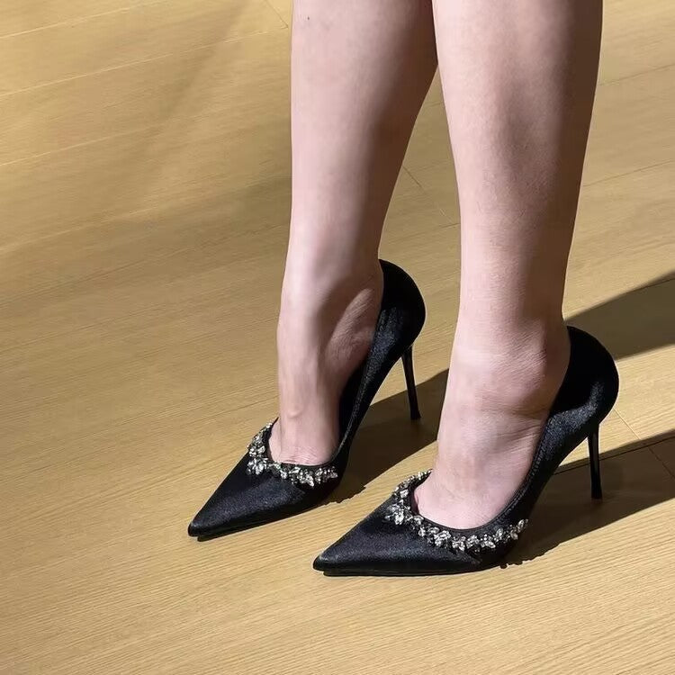 Purple high heels for women with thin heels and pointed toes, decorated with rhinestones V Elegant Socialite Style French Single Shoes2024Winter New