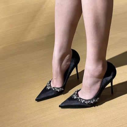 Purple high heels for women with thin heels and pointed toes, decorated with rhinestones V Elegant Socialite Style French Single Shoes2024Winter New