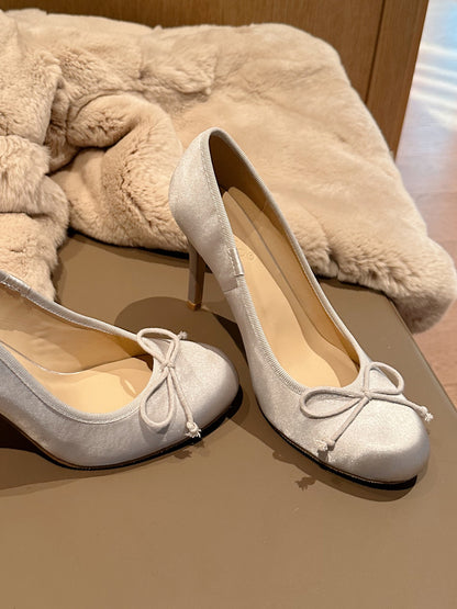 Women's High Heels2025New Spring Style Thin Heel Round Toe Bow Satin Ballet Gentle French Style Elegant Single Shoes Black