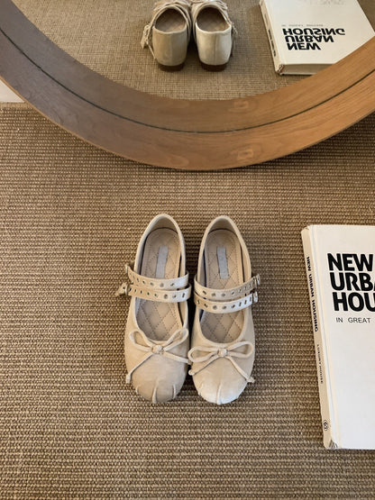 Soft Sole Version~Gentle Evening Breeze Gray One-Strap Mary Jane Shoes for Women Spring and Autumn Ballet Flats Flat Granny Shoes
