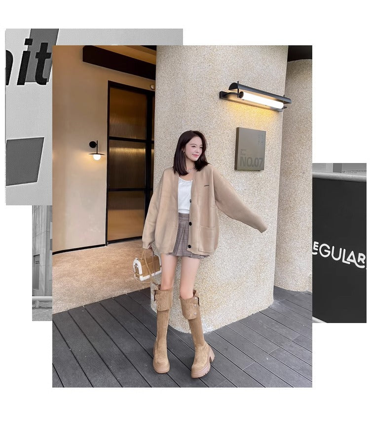 2025New Retro Small Western Boots for Women, Autumn and Winter Fleece-Lined Over-the-Knee Long Boots, Brown Long Boots, Riding Boots