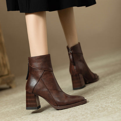 Women's Chunky Heel Ankle Boots2024New High Heel Winter Brown Slim Boots British Style Retro Martin Boots