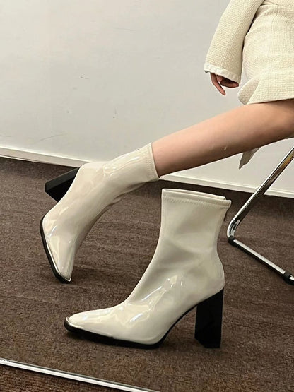 Kendall Jenner Style Short Boots for Women2023New Autumn Winter Square Toe Patent Leather Chunky Heel Short Slimming High Heel Boots