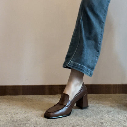 Women's Autumn Chunky High Heels2023New Black British Style Loafers Elegant Square Toe Single Shoes