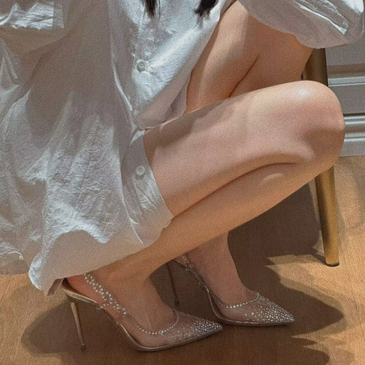 Women's Shoes2023New Summer Thin Heel Pointed Toe Shallow Mouth Diamond Closed-Toe Transparent High Heels Elegant Socialite Single Shoes for Women