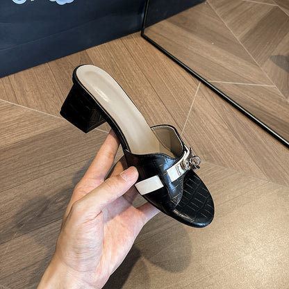 Small Gold Buckle Crocodile Pattern Korean Style One-Strap High Heel Slippers for Women Summer Soft Sole Beach Mid-Heel Sandals for Outdoor Wear
