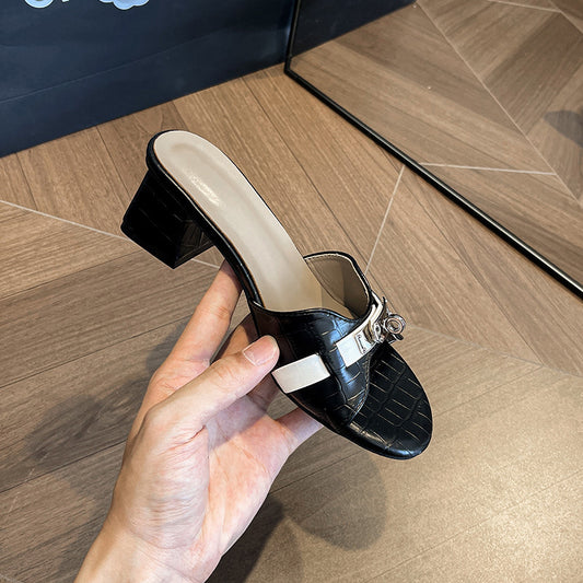 Small Gold Buckle Crocodile Pattern Korean Style One-Strap High Heel Slippers for Women Summer Soft Sole Beach Mid-Heel Sandals for Outdoor Wear