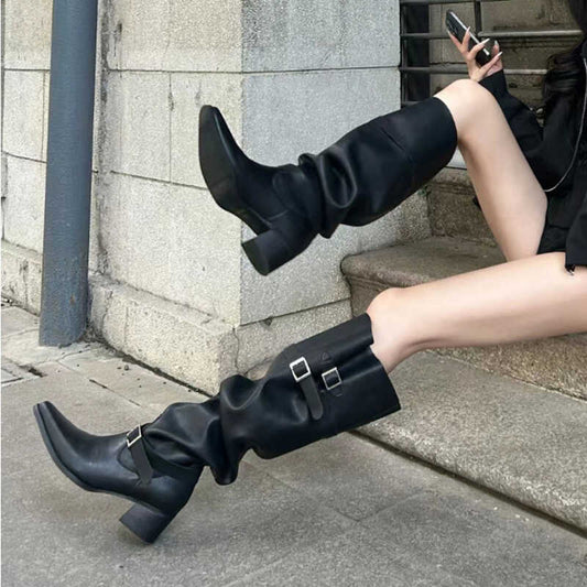 Korean Style Large Tube Pile Boots for Women with Chunky Heels, Over-the-Knee Boots2024Autumn Belt Buckle Western Boots Fashion Long Boots