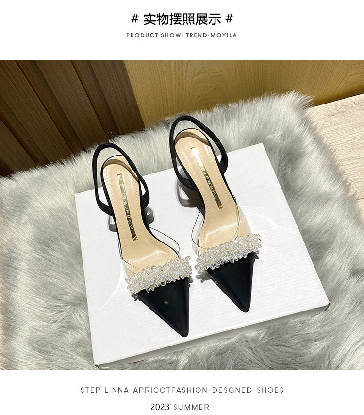 Women's Closed-Toe Sandals for Spring and Summer2023New Year's New French Transparent Pointed Toe Small Heel White High Heels Stiletto Single Shoes