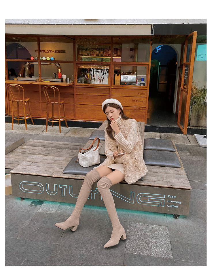 Long Boots for Women, Stretch Long Boots, Pointed Toe High Heel Boots, Over-the-Knee Boots, Suede High Boots, Khaki Color