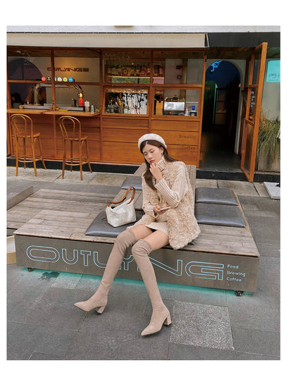 Long Boots for Women, Stretch Long Boots, Pointed Toe High Heel Boots, Over-the-Knee Boots, Suede High Boots, Khaki Color