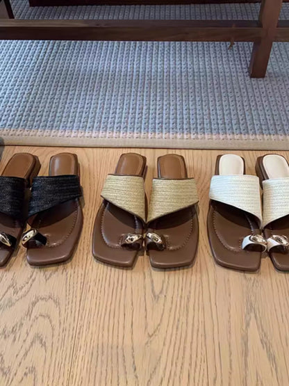 Thick Heel Vacation Style Straw Weave Toe Clip Sandals for Women Summer Outdoor Wear2024New French Style Sandals