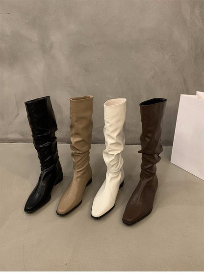 Chunky Heel Ruched Slouchy Long Tube Riding Boots for Women2024New Spring and Autumn Western Slim Mid-Calf Long Boots