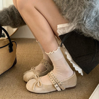 Soft Sole Version~Gentle Evening Breeze Gray One-Strap Mary Jane Shoes for Women Spring and Autumn Ballet Flats Flat Granny Shoes