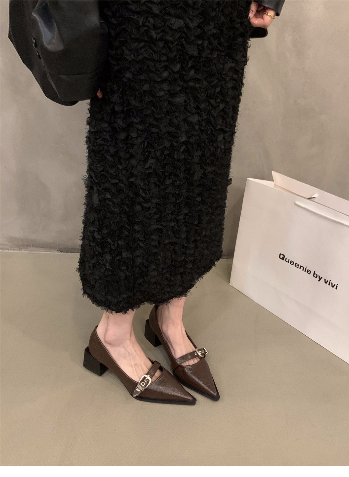 French Style Mary Jane Leather Shoes for Women2024New Spring Autumn Winter Black Pointed High Heels Single Shoes