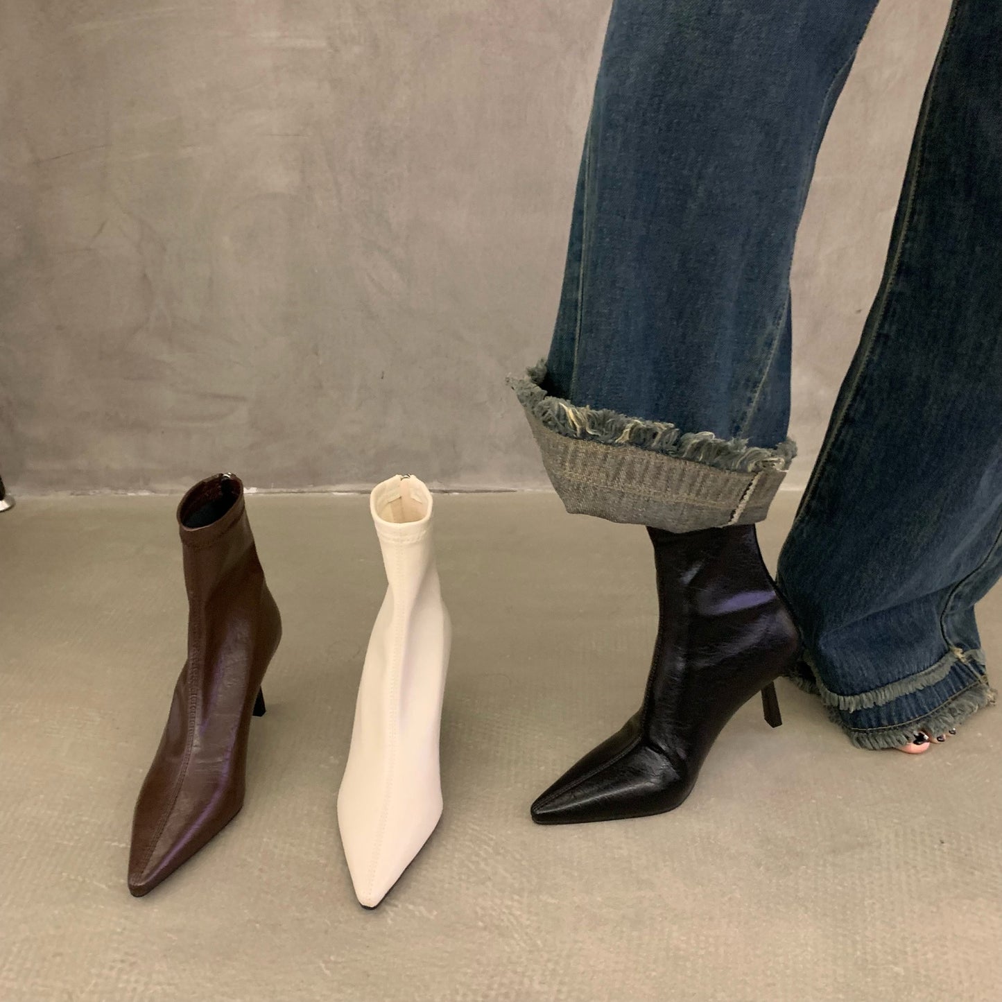 Thin Heel High Heel Spring and Autumn Single Boots Pointed Toe Short Boots Women's Shoes2023New Year's New White Korean Style Slim Nude Boots